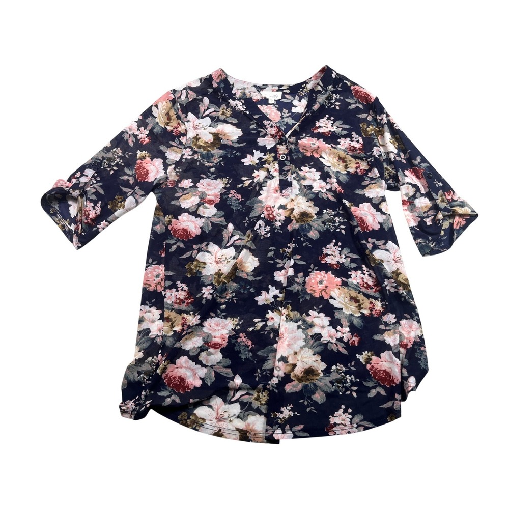 Sirenlily Womens Large Navy Floral Blouse 3/4 Sleeve Button Front Boho Top